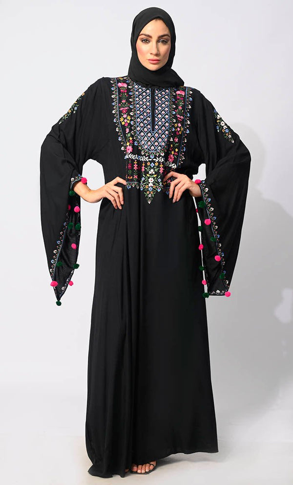 Enchanting Threads: Exquisite Black Embroidered Abaya with and Dramatic Bell Sleeves - EastEssence.com