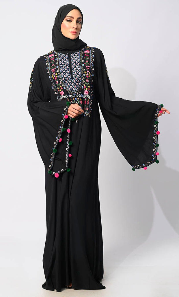Enchanting Threads: Exquisite Black Embroidered Abaya with and Dramatic Bell Sleeves - EastEssence.com