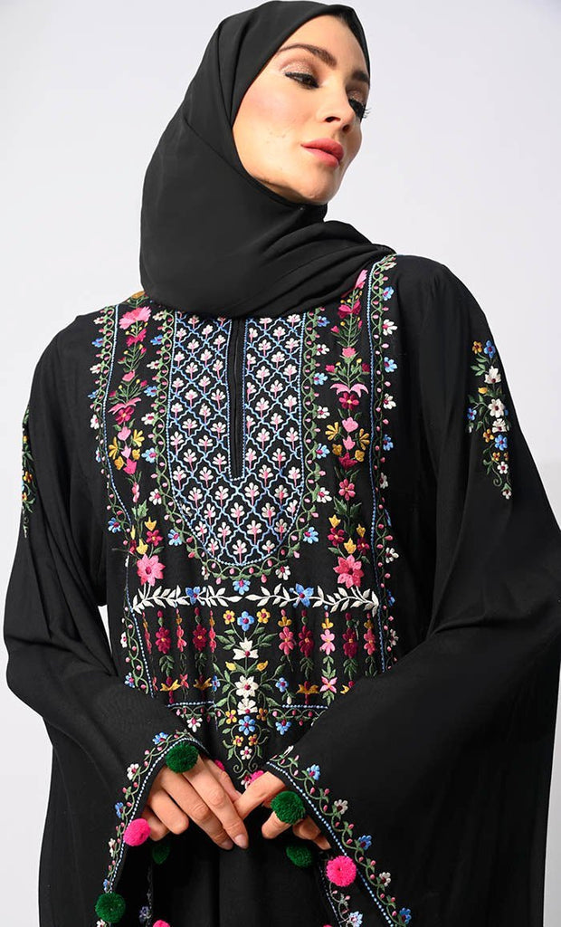 Enchanting Threads: Exquisite Black Embroidered Abaya with and Dramatic Bell Sleeves - Final Sale - EastEssence.com