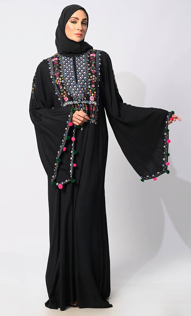 Enchanting Threads: Exquisite Black Embroidered Abaya with and Dramatic Bell Sleeves - Final Sale - EastEssence.com