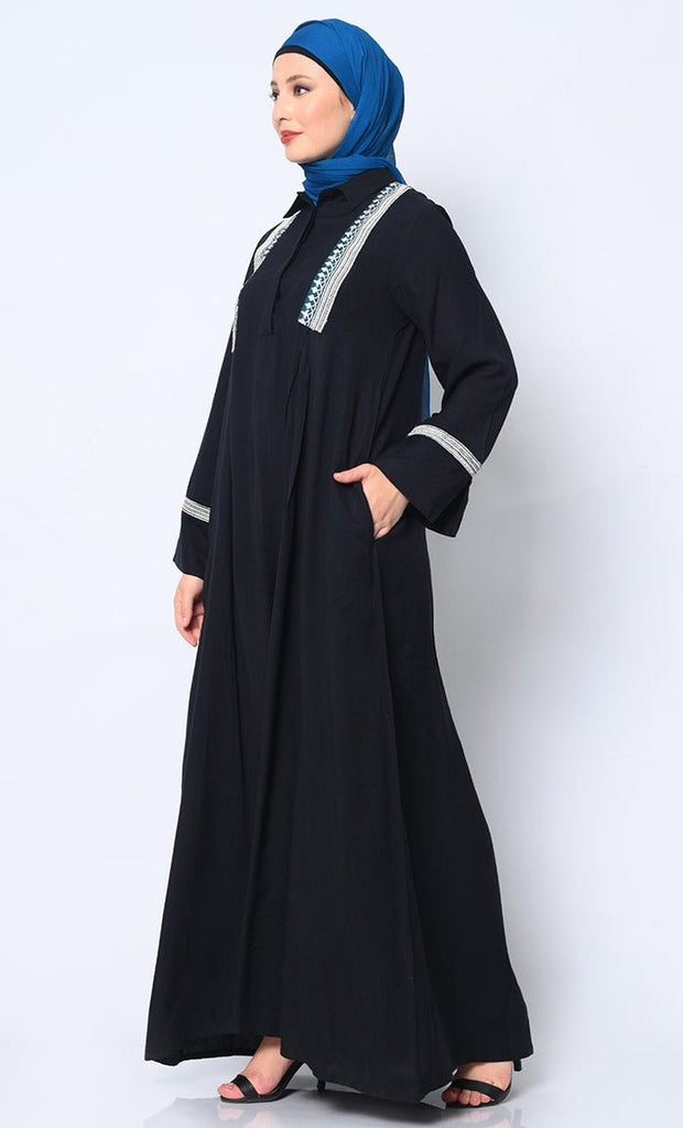 Etheral Embroidered Black Rayon Abaya with Pockets - EastEssence.com