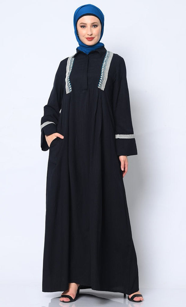 Etheral Embroidered Black Rayon Abaya with Pockets - EastEssence.com