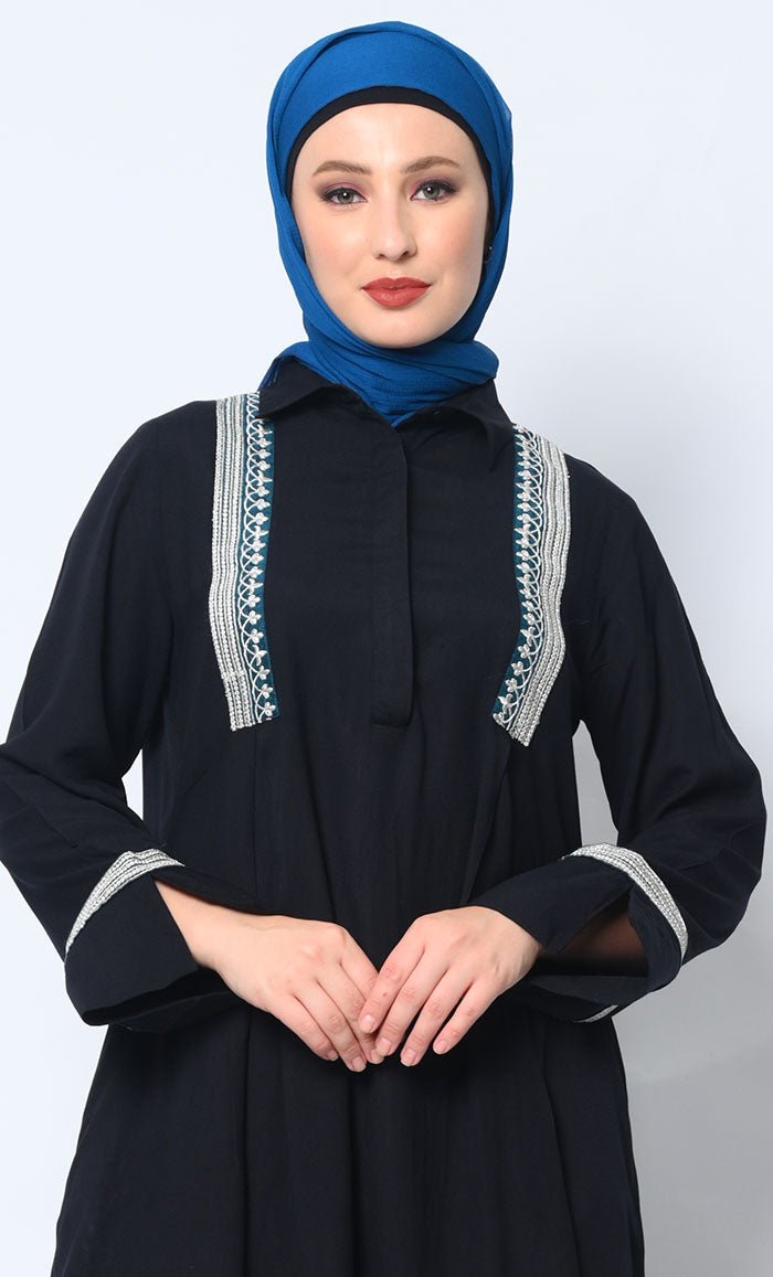 Etheral Embroidered Black Rayon Abaya with Pockets - EastEssence.com
