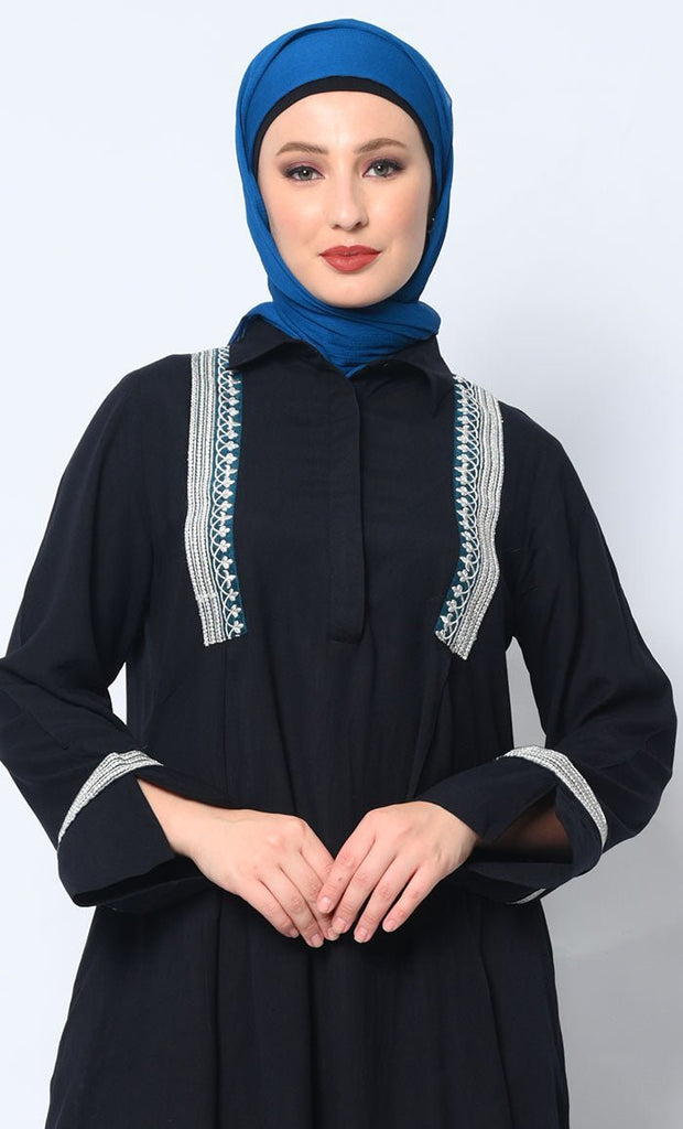 Etheral Embroidered Black Rayon Abaya with Pockets - EastEssence.com