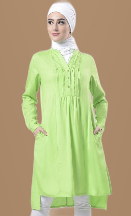 Everyday Green Pleats Detail Long Tunic - EastEssence.com