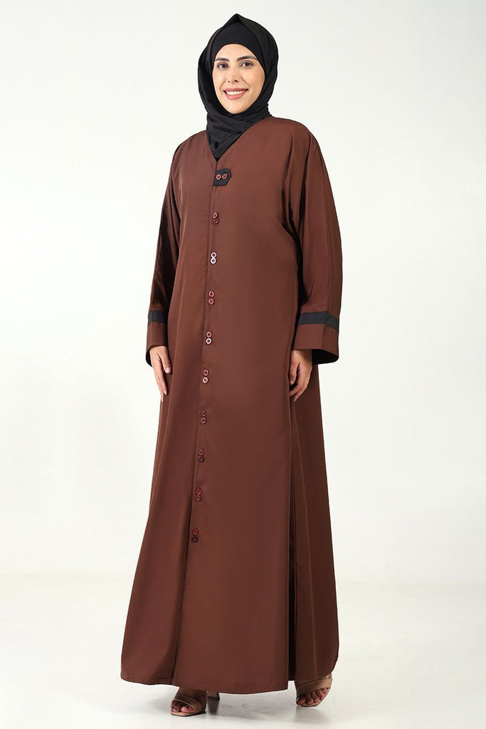 Everyday Wear Kashibo Abaya – V - Neck, Front Open Button - Down Style - Brown - EastEssence.com