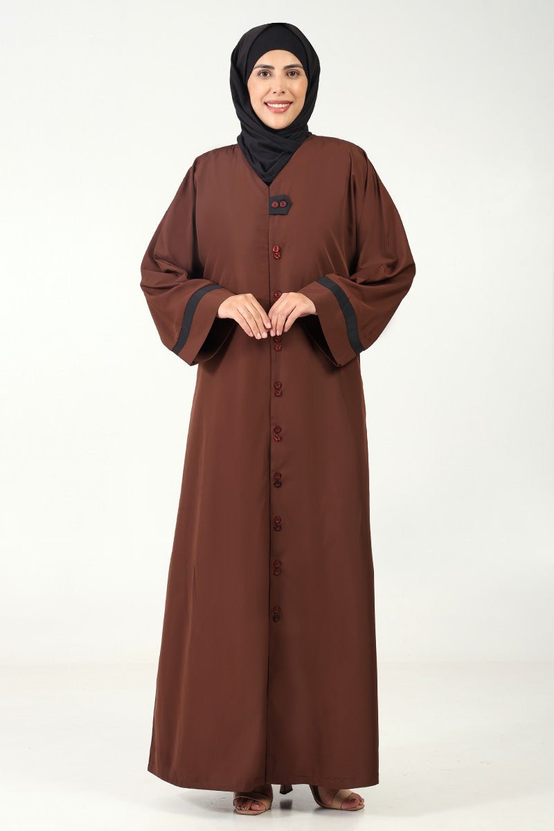 Everyday Wear Kashibo Abaya ??V - Neck, Front Open Button - Down Style - Brown - EastEssence.com