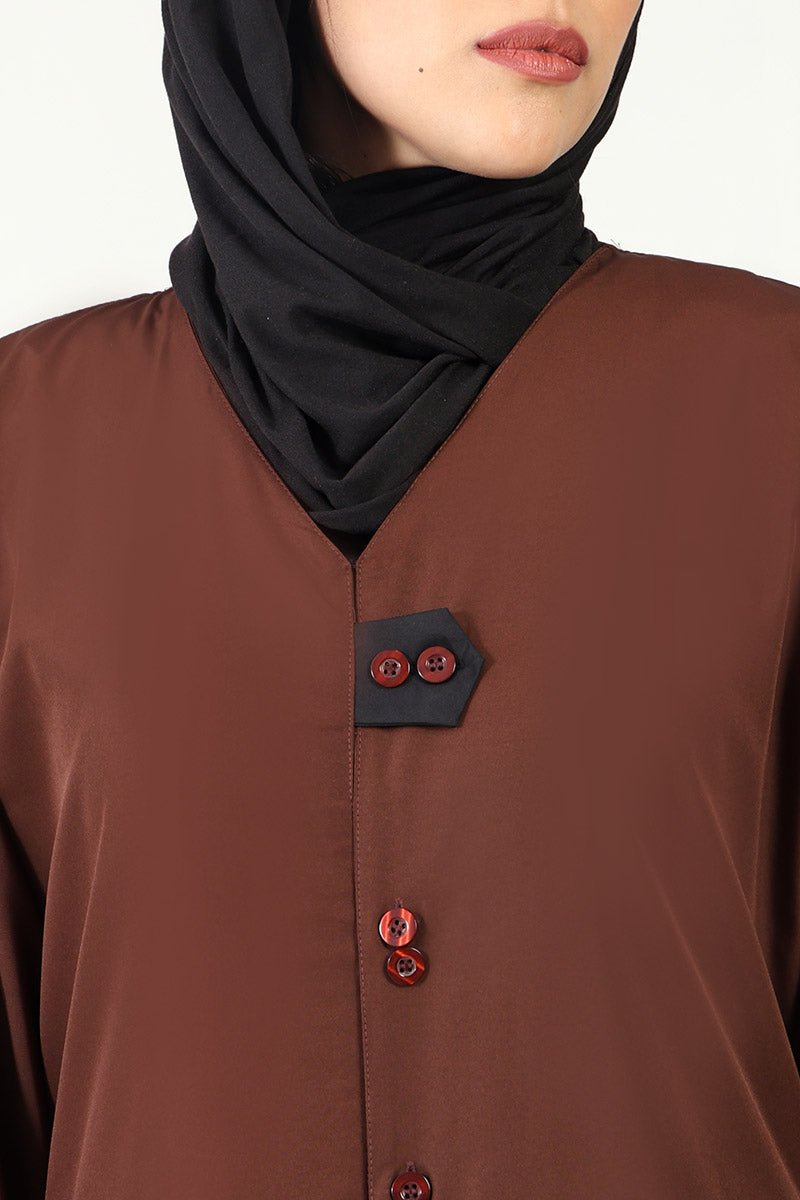 Everyday Wear Kashibo Abaya ??V - Neck, Front Open Button - Down Style - Brown - EastEssence.com