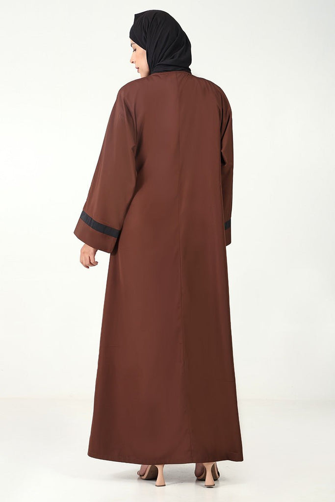 Everyday Wear Kashibo Abaya – V - Neck, Front Open Button - Down Style - Brown - EastEssence.com