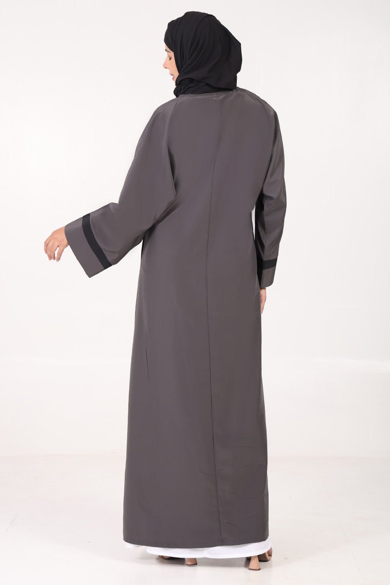 Everyday Wear Kashibo Abaya ??V - Neck, Front Open Button - Down Style - Grey - EastEssence.com