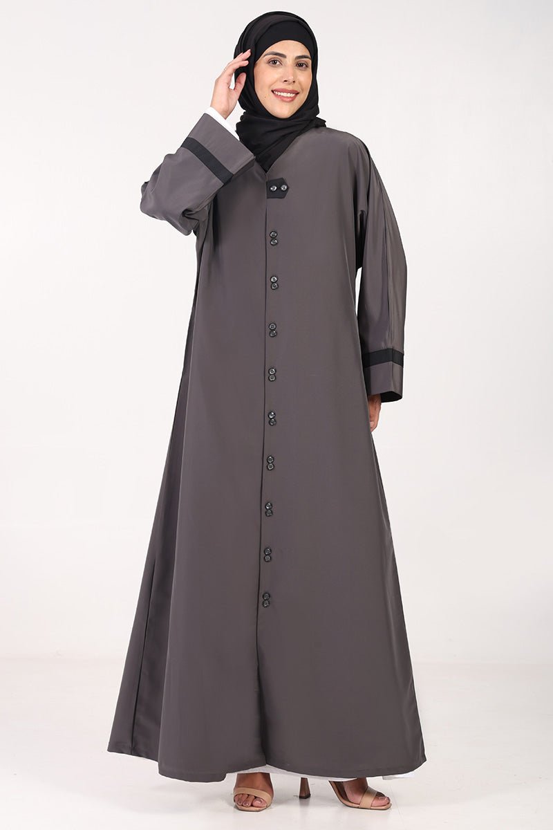 Everyday Wear Kashibo Abaya ??V - Neck, Front Open Button - Down Style - Grey - EastEssence.com