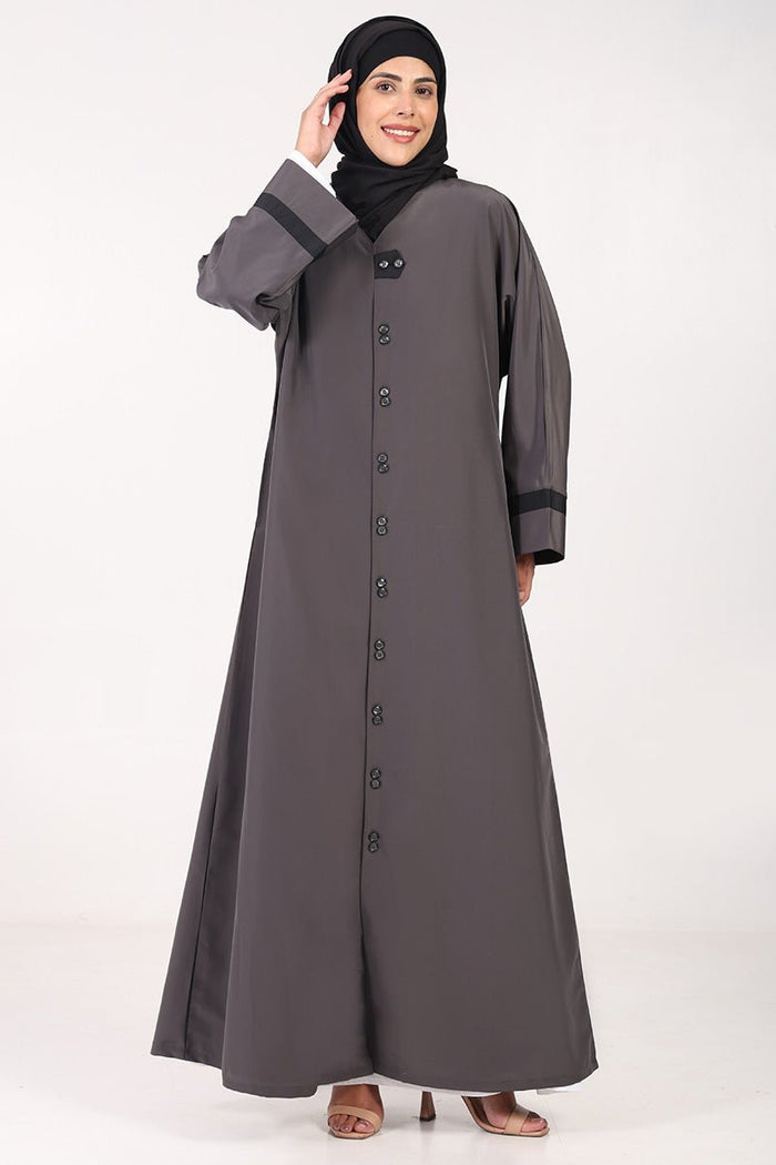 Everyday Wear Kashibo Abaya – V - Neck, Front Open Button - Down Style - Grey - EastEssence.com