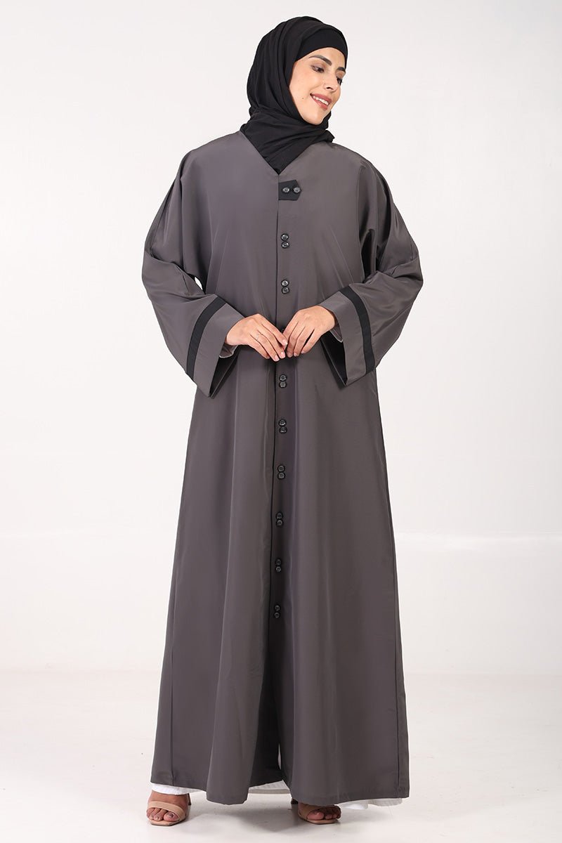 Everyday Wear Kashibo Abaya ??V - Neck, Front Open Button - Down Style - Grey - EastEssence.com