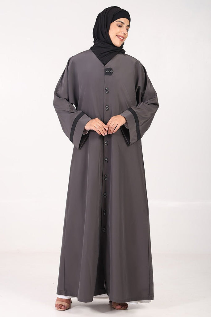 Everyday Wear Kashibo Abaya – V - Neck, Front Open Button - Down Style - Grey - EastEssence.com