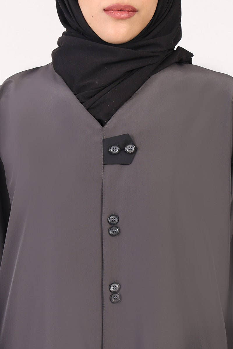 Everyday Wear Kashibo Abaya ??V - Neck, Front Open Button - Down Style - Grey - EastEssence.com