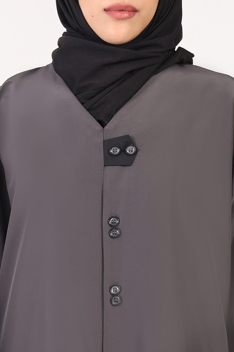 Everyday Wear Kashibo Abaya ??V - Neck, Front Open Button - Down Style - Grey - EastEssence.com