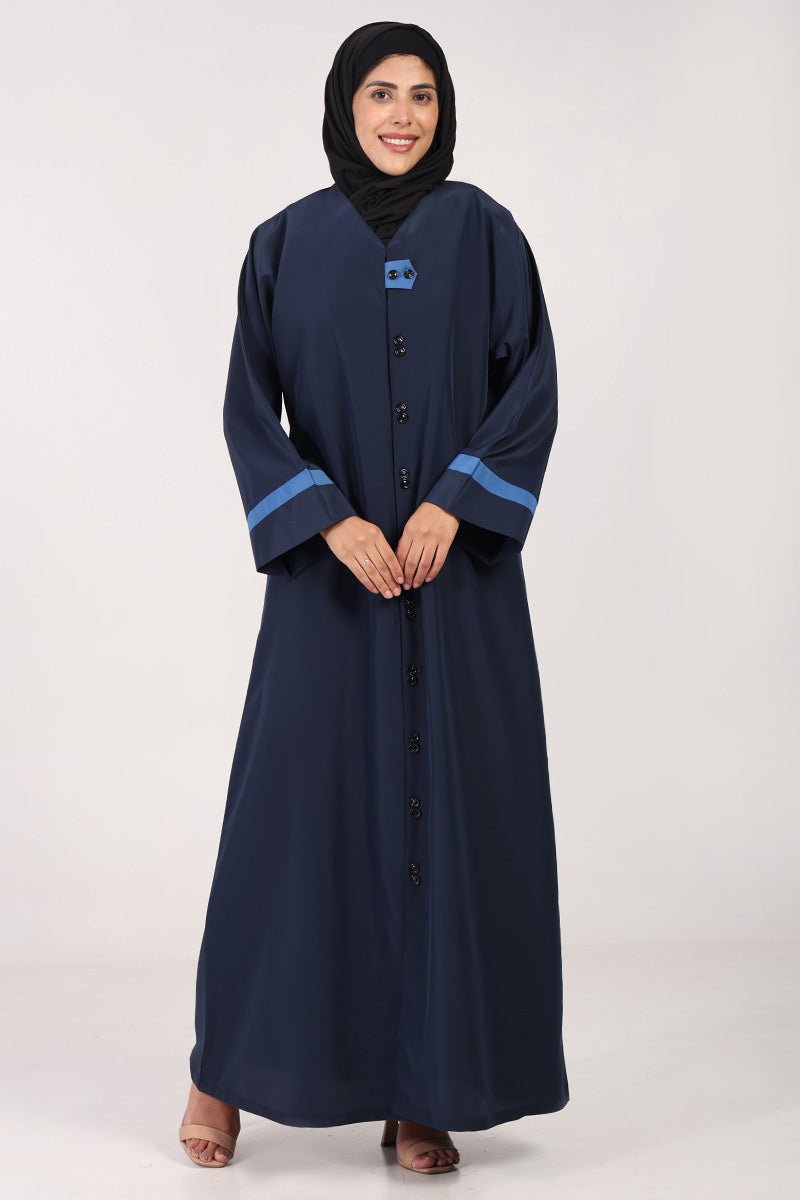 Everyday Wear Kashibo Abaya ??V - Neck, Front Open Button - Down Style - Navy - EastEssence.com