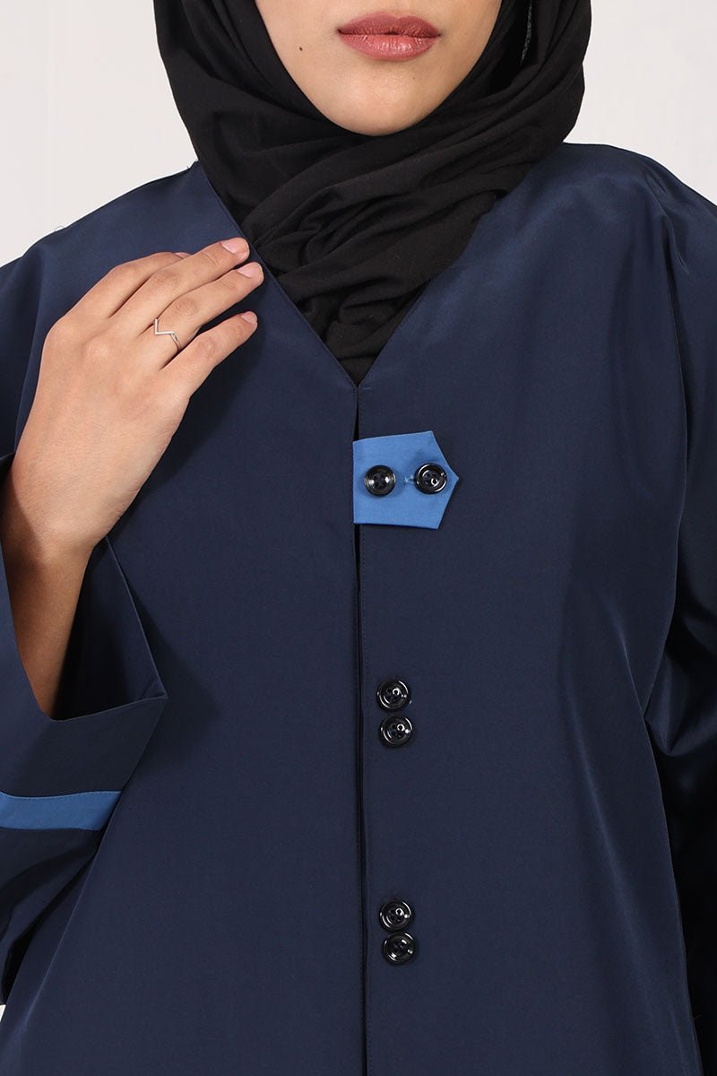 Everyday Wear Kashibo Abaya ??V - Neck, Front Open Button - Down Style - Navy - EastEssence.com