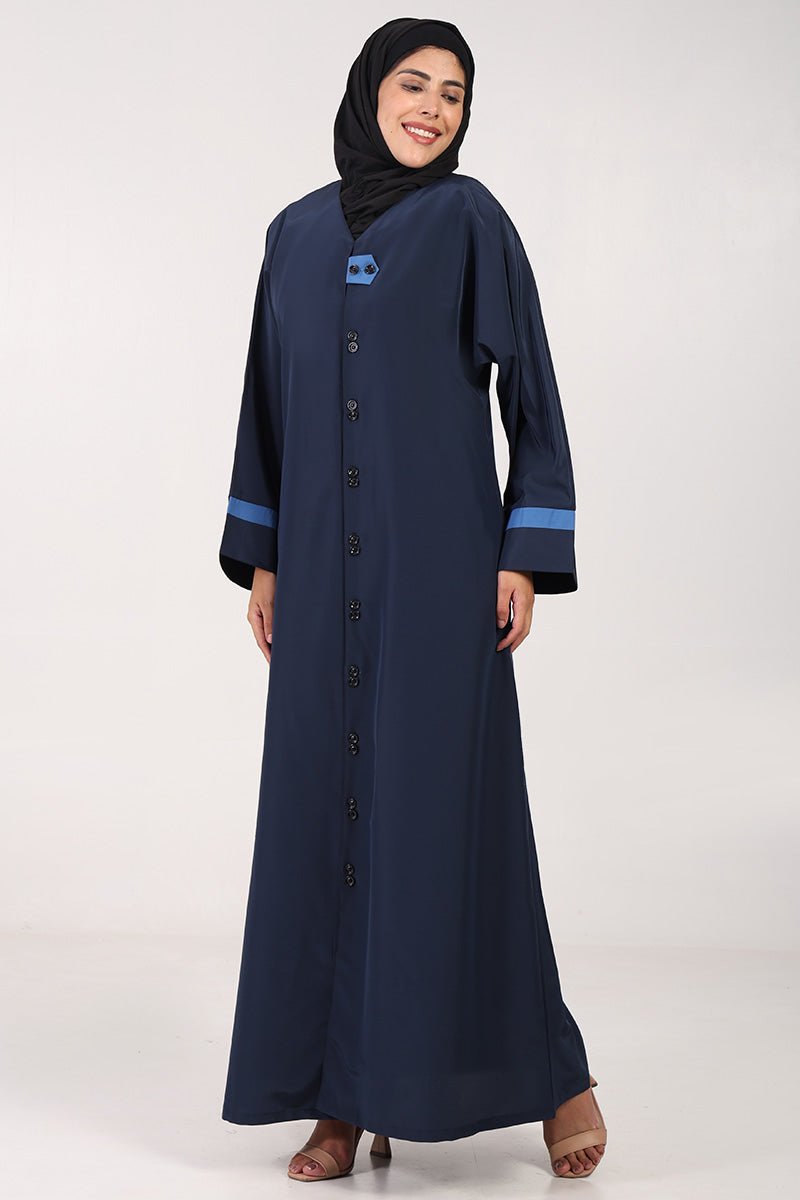 Everyday Wear Kashibo Abaya ??V - Neck, Front Open Button - Down Style - Navy - EastEssence.com