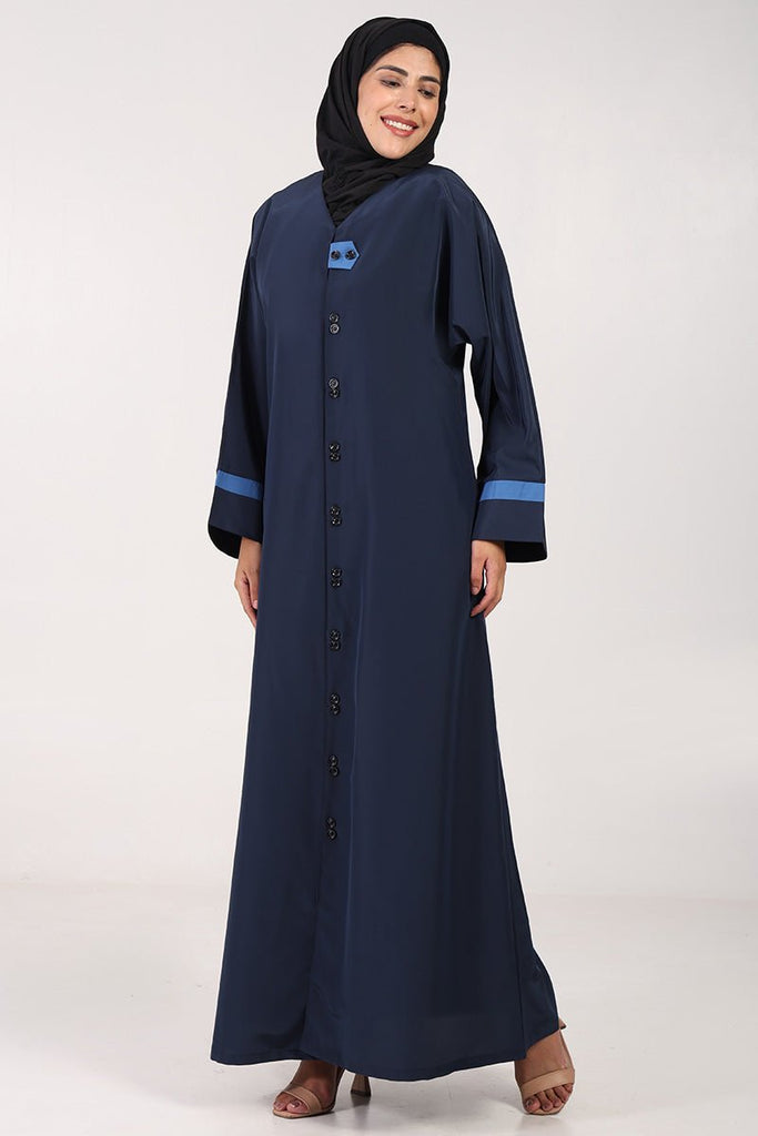 Everyday Wear Kashibo Abaya – V - Neck, Front Open Button - Down Style - Navy - EastEssence.com