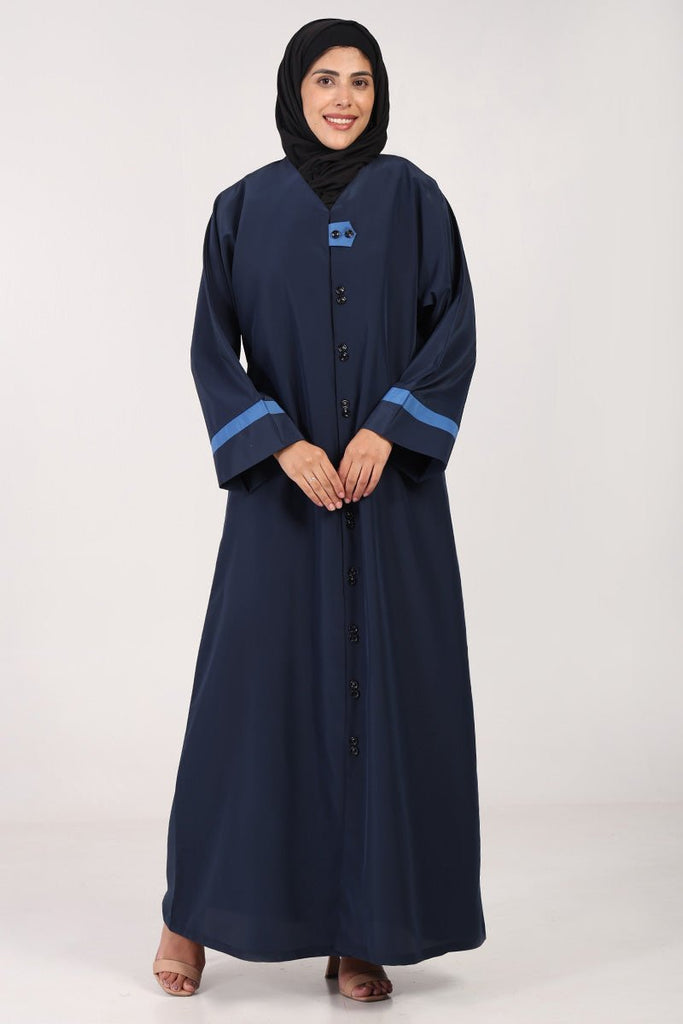 Everyday Wear Kashibo Abaya – V - Neck, Front Open Button - Down Style - Navy - Final Sale - EastEssence.com