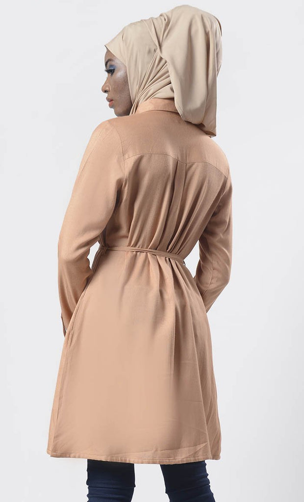 Everyday wear Pale Taupe Front Open Down Button Long Tunic - Final Sale - EastEssence.com