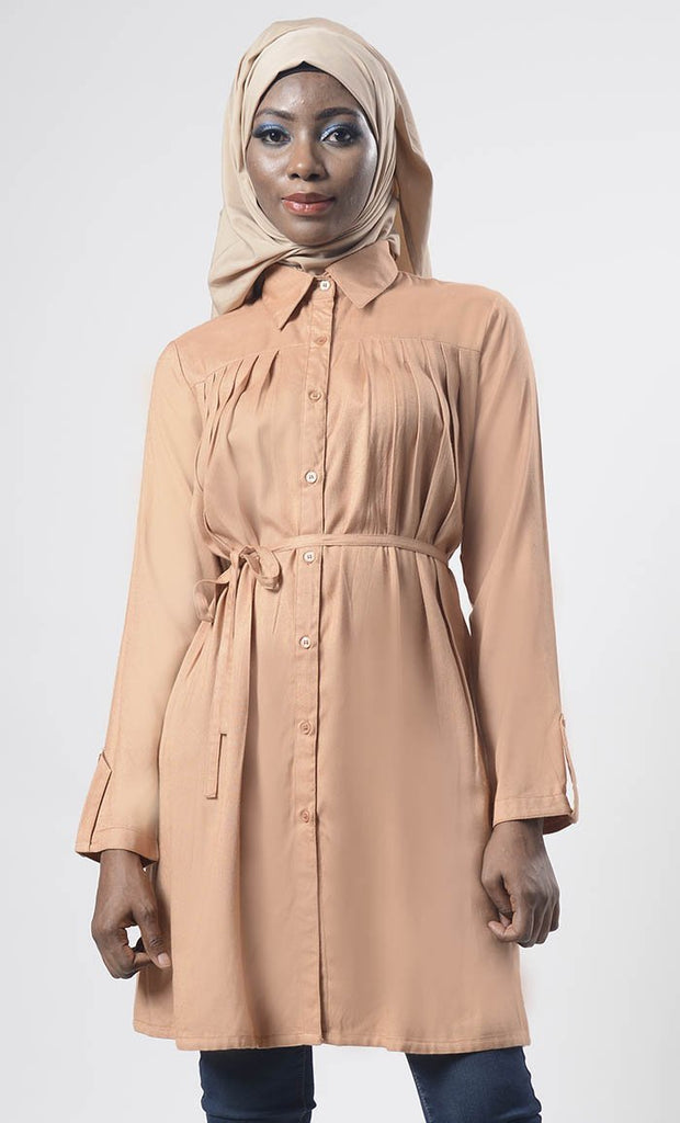 Everyday wear Pale Taupe Front Open Down Button Long Tunic - Final Sale - EastEssence.com