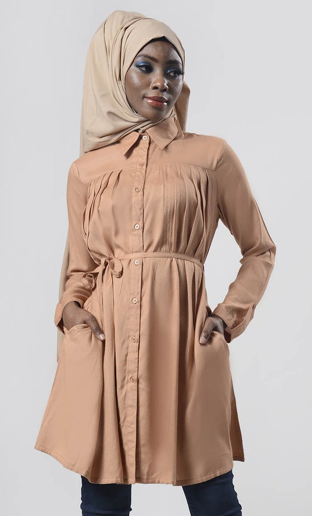 Everyday wear Pale Taupe Front Open Down Button Long Tunic - Final Sale - EastEssence.com