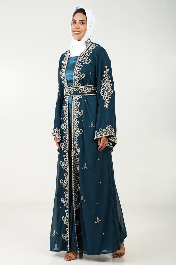 Exquisite Georgette Embroidered Abaya with Pearl Stones & Satin Inner Lining – 2 Piece Set - EastEssence.com