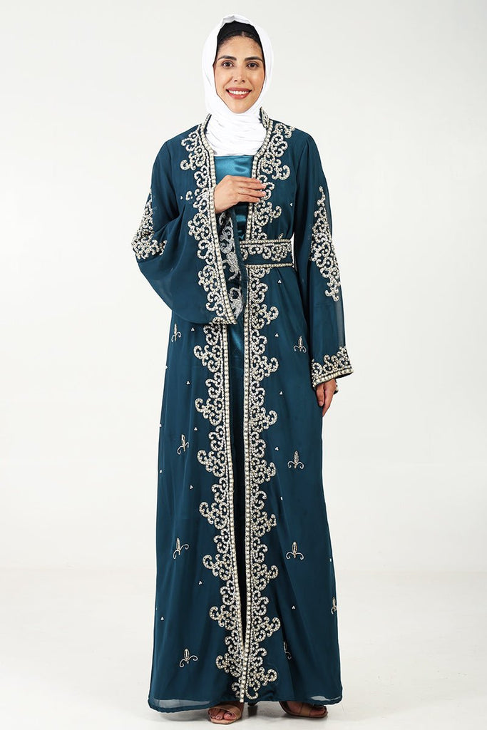 Exquisite Georgette Embroidered Abaya with Pearl Stones & Satin Inner Lining – 2 Piece Set - EastEssence.com