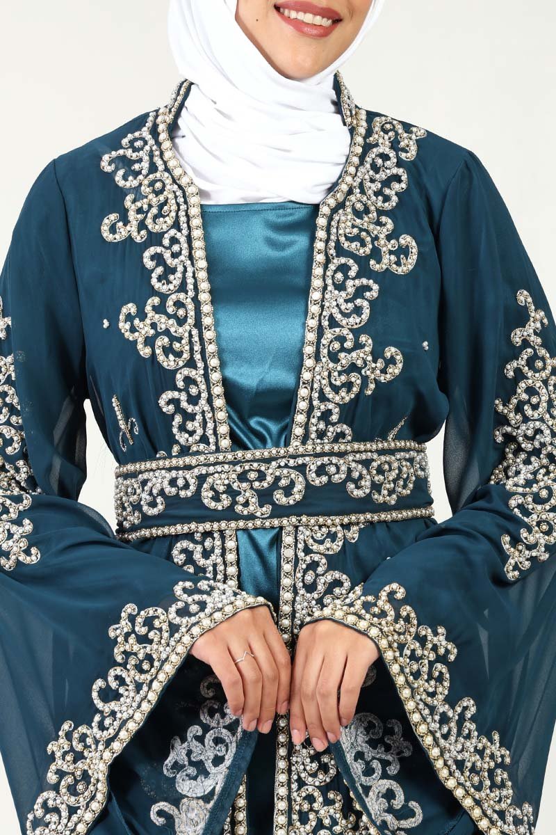 Exquisite Georgette Embroidered Abaya with Pearl Stones & Satin Inner Lining ??2 Piece Set - EastEssence.com