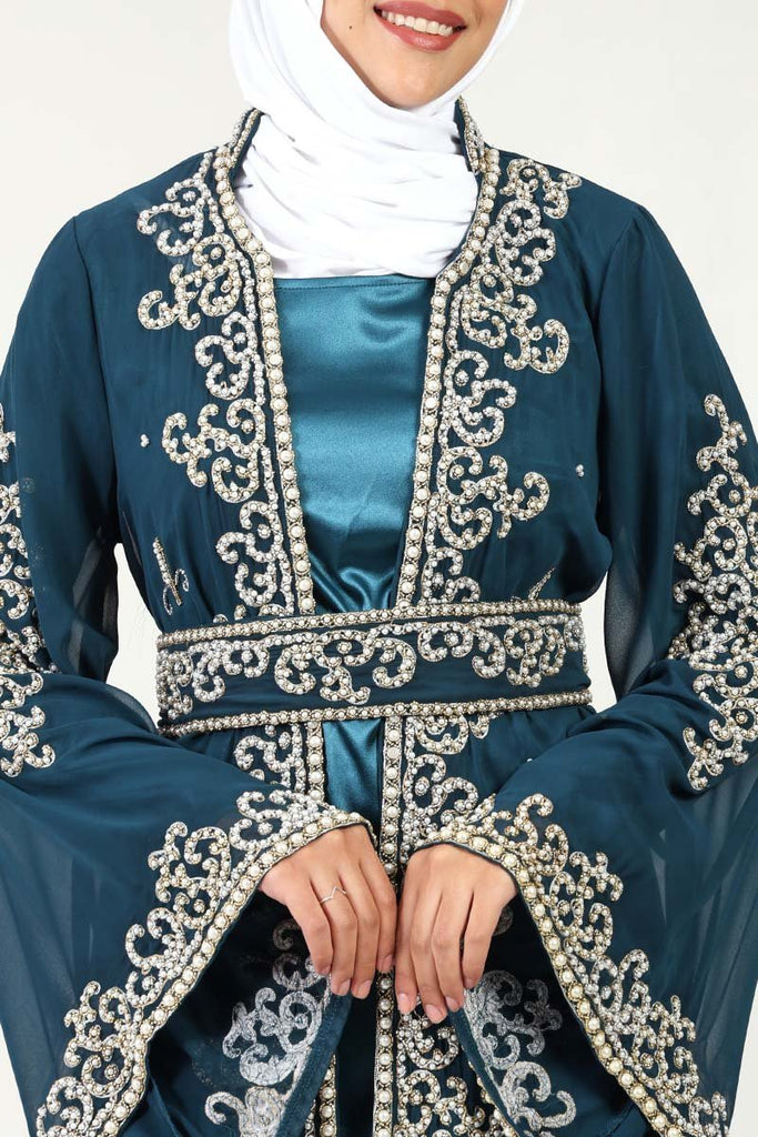 Exquisite Georgette Embroidered Abaya with Pearl Stones & Satin Inner Lining – 2 Piece Set - EastEssence.com