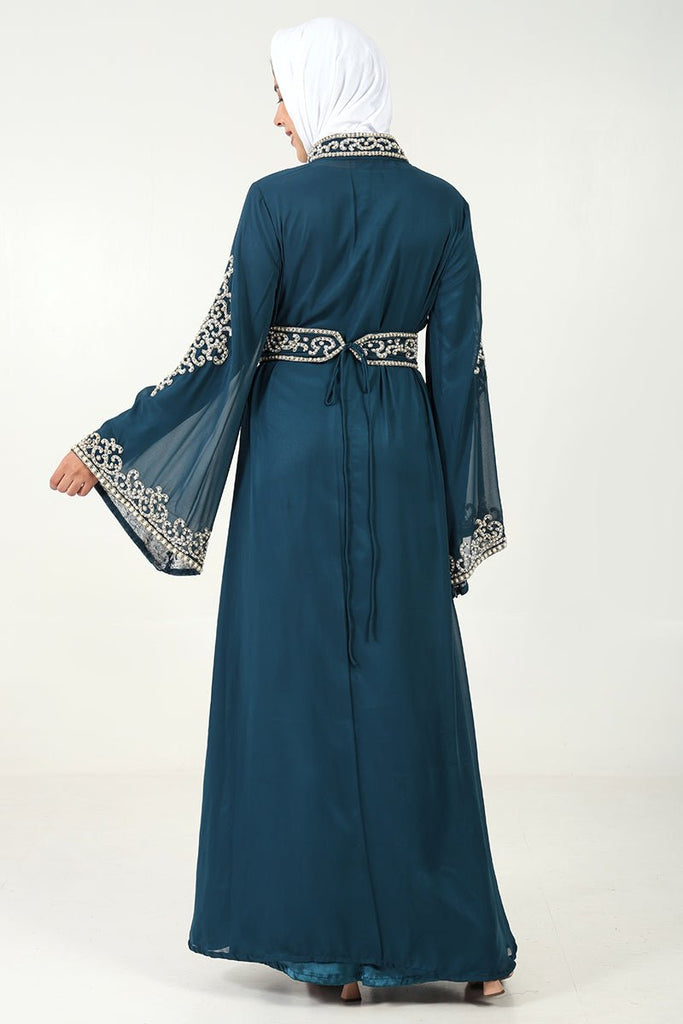 Exquisite Georgette Embroidered Abaya with Pearl Stones & Satin Inner Lining – 2 Piece Set - EastEssence.com