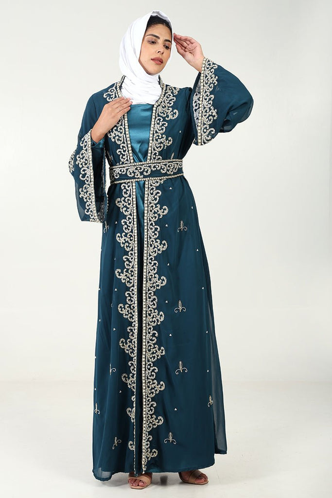 Exquisite Georgette Embroidered Abaya with Pearl Stones & Satin Inner Lining – 2 Piece Set - EastEssence.com