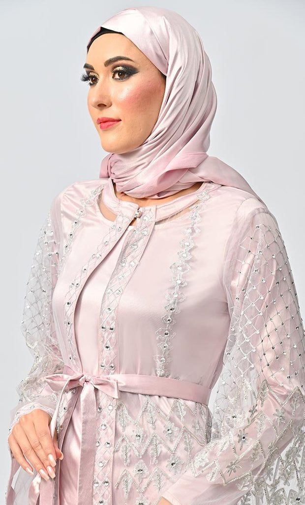 Fancy All Over Aari And Hand Work Embellished Abaya Designer Dress With Matching Hijab And Inner - Final Sale - EastEssence.com