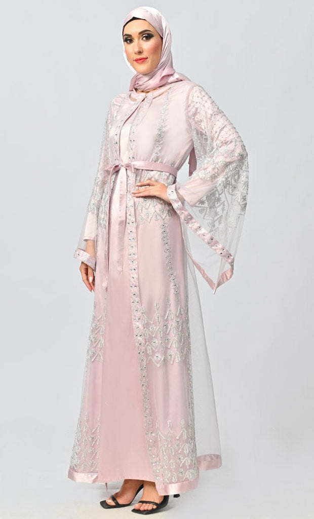 Fancy All Over Aari And Hand Work Embellished Abaya Designer Dress With Matching Hijab And Inner - Final Sale - EastEssence.com