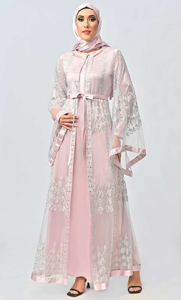 Fancy All Over Aari And Hand Work Embellished Abaya Designer Dress With Matching Hijab And Inner - Final Sale - EastEssence.com