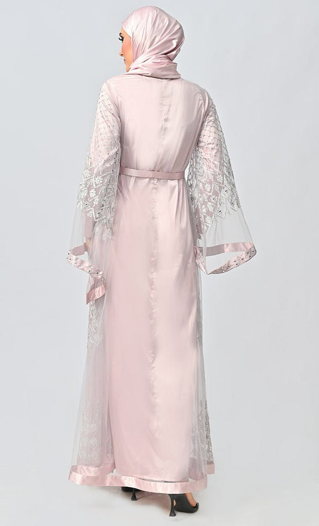 Fancy All Over Aari And Hand Work Embellished Abaya Designer Dress With Matching Hijab And Inner - Final Sale - EastEssence.com