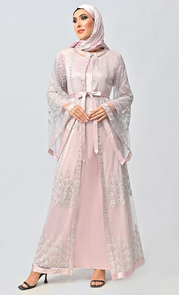 Fancy All Over Aari And Hand Work Embellished Abaya Designer Dress With Matching Hijab And Inner - Final Sale - EastEssence.com