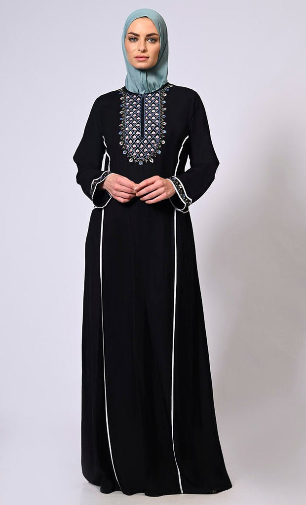 Feminine Flourish: Embroidered Front Zip Black Abaya with Front Pockets - Final Sale - EastEssence.com