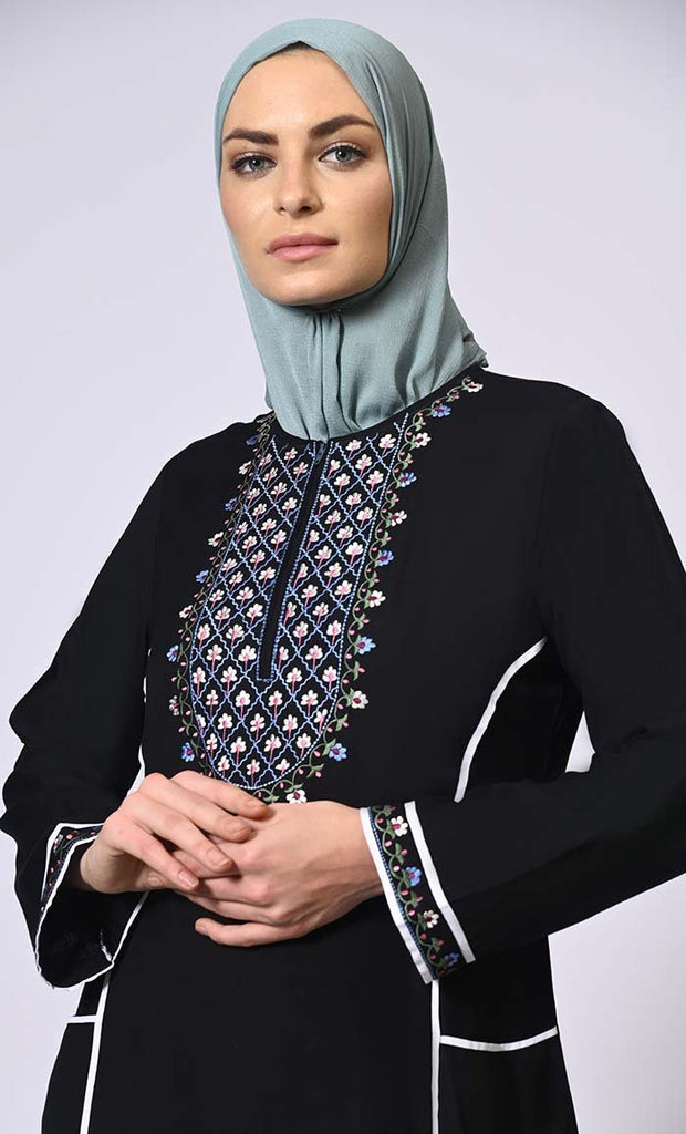 Feminine Flourish: Embroidered Front Zip Black Abaya with Front Pockets - Final Sale - EastEssence.com