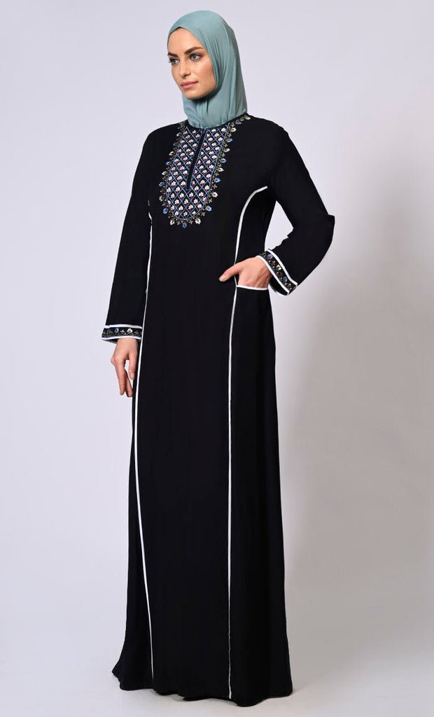 Feminine Flourish: Embroidered Front Zip Black Abaya with Front Pockets - Final Sale - EastEssence.com