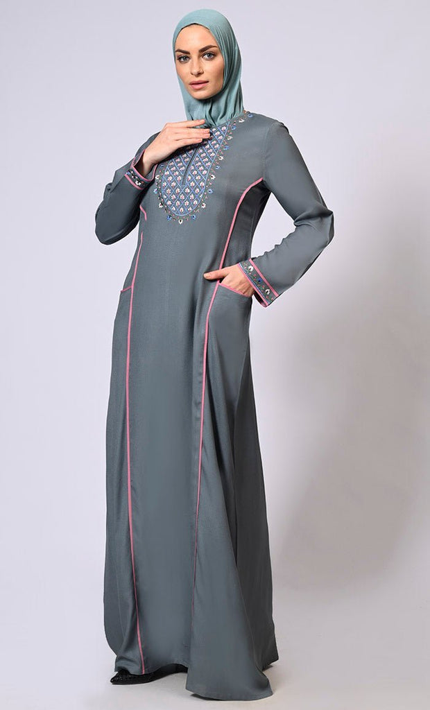 Feminine Flourish: Embroidered Front Zip Grey Abaya with Front Pockets - Final Sale - EastEssence.com