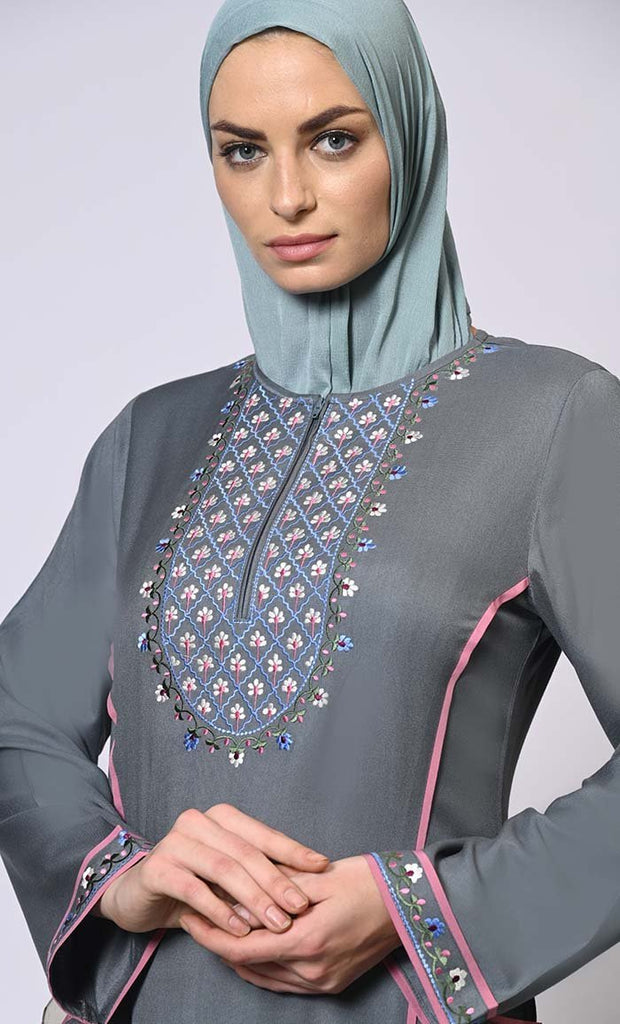 Feminine Flourish: Embroidered Front Zip Grey Abaya with Front Pockets - Final Sale - EastEssence.com