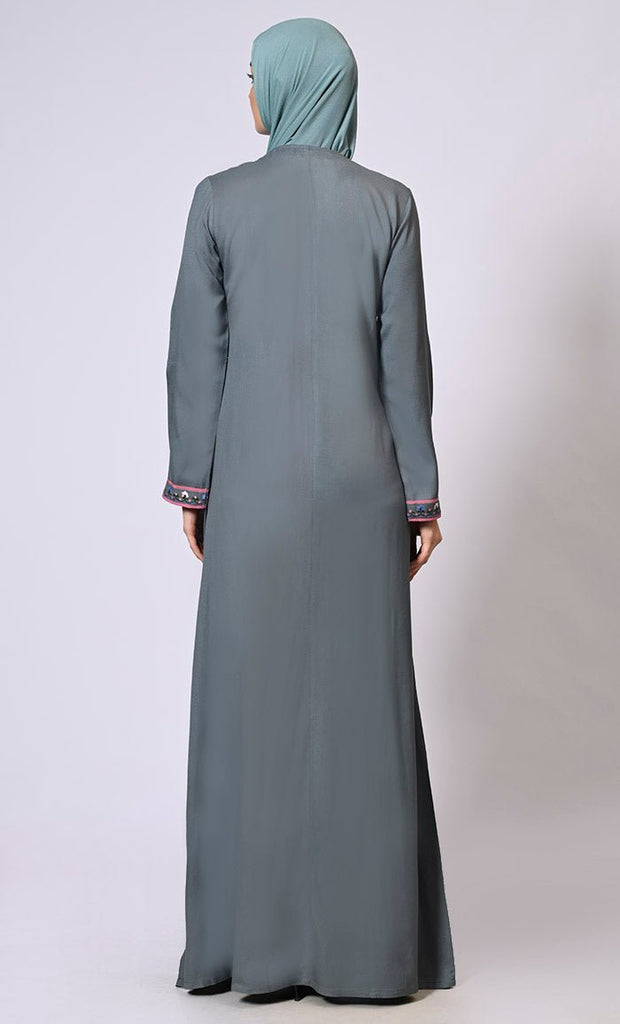 Feminine Flourish: Embroidered Front Zip Grey Abaya with Front Pockets - Final Sale - EastEssence.com