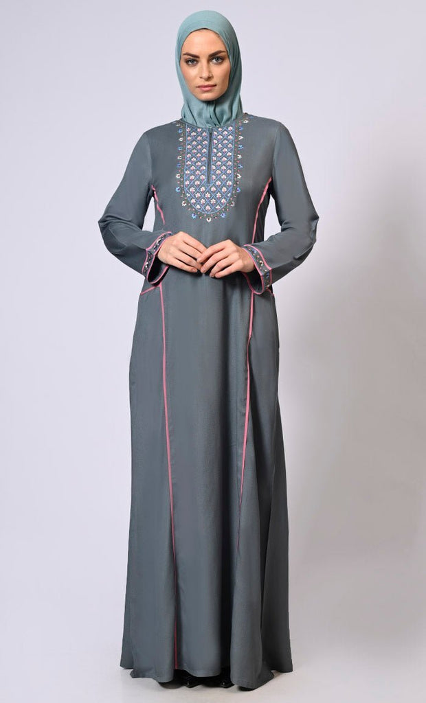 Feminine Flourish: Embroidered Front Zip Grey Abaya with Front Pockets - Final Sale - EastEssence.com