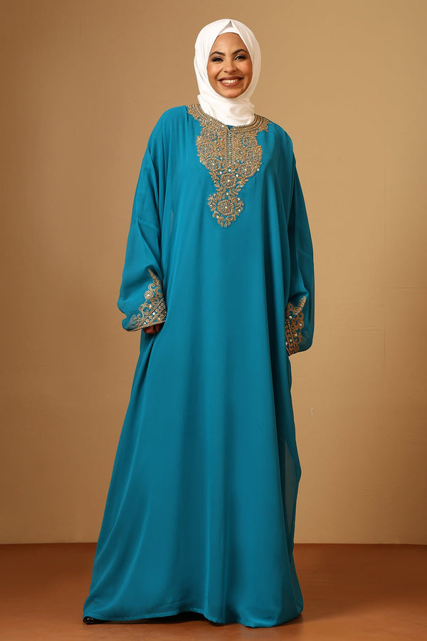 Fine Georgette Kaftan Abaya with Heavy Gold Zari Embroidery - EastEssence.com