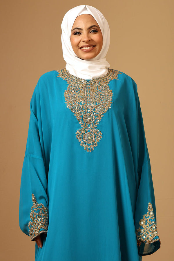 Fine Georgette Kaftan Abaya with Heavy Gold Zari Embroidery - EastEssence.com
