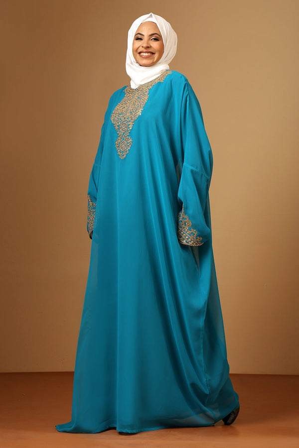 Fine Georgette Kaftan Abaya with Heavy Gold Zari Embroidery - EastEssence.com