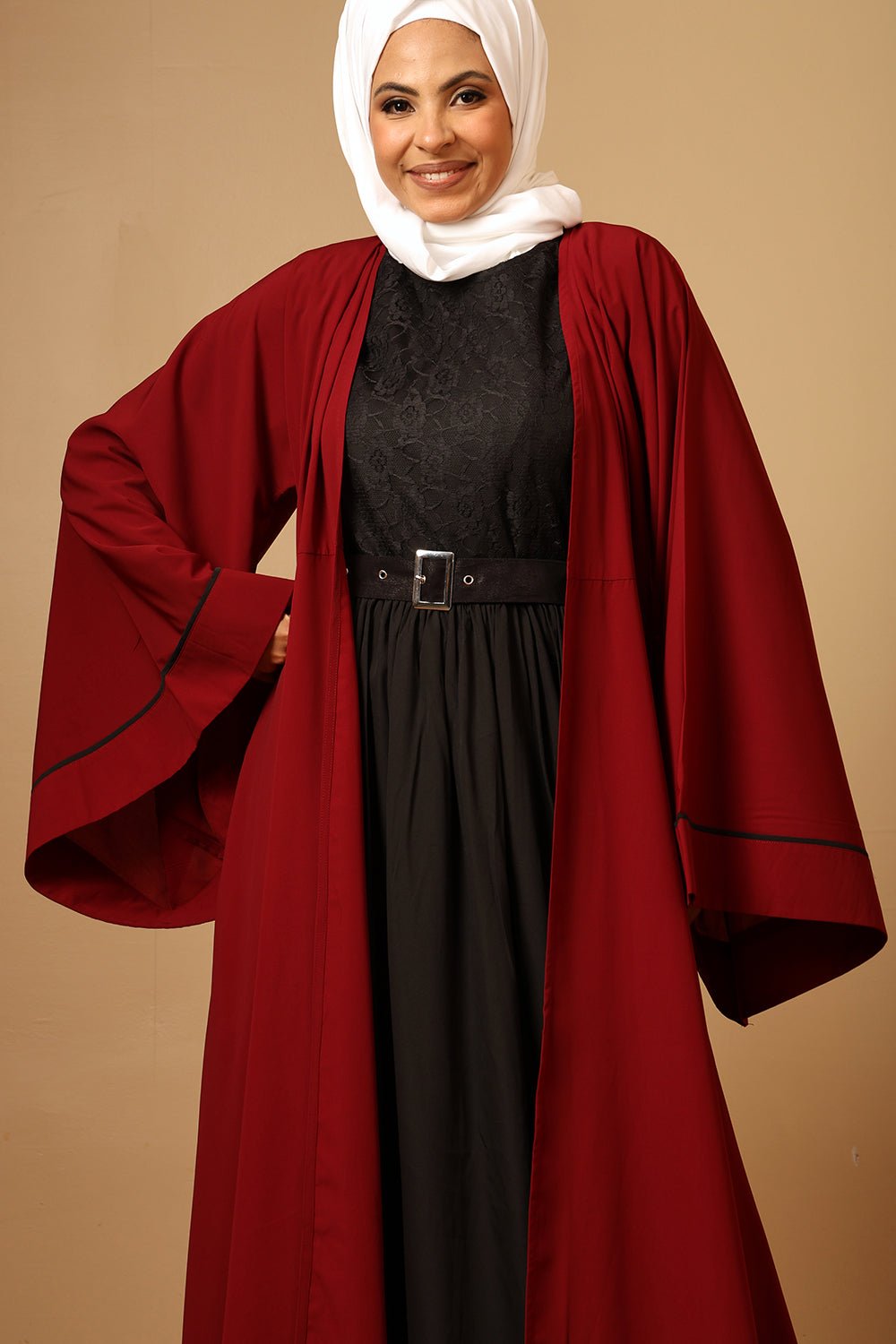 Firdous Bell Sleeve Shrug Abaya with Inner Dress & Adjustable Belt - EastEssence.com